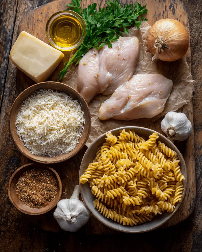 Ingredients for Creamy Chicken Garlic Parmesan Pasta on wooden table