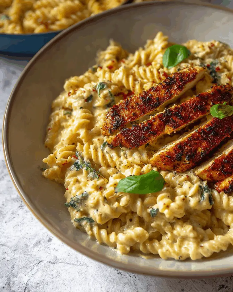 Creamy garlic parmesan chicken pasta bake golden and bubbly