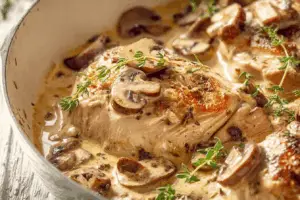 Creamy Mushroom Chicken recipe close-up in skillet