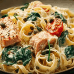 Creamy One Pot Salmon Pasta with spinach and cherry tomatoes