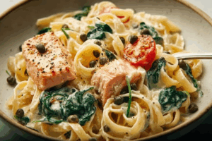 Creamy One Pot Salmon Pasta with spinach and cherry tomatoes
