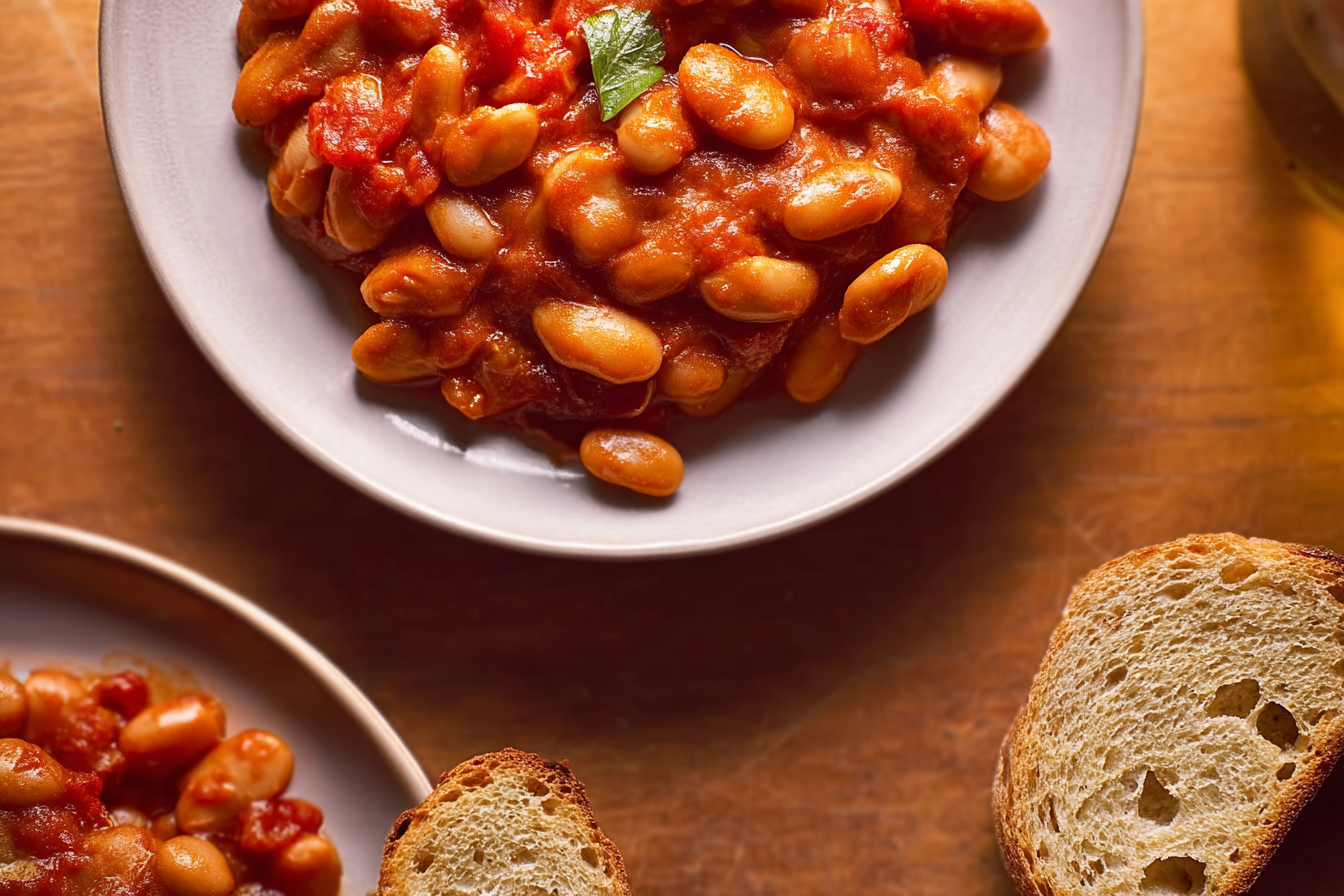 Creamy Tomato Beans in a rustic bowl with basil garnish