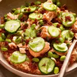 Crispy Rice Salmon Cucumber Salad with Creamy Asian Dressing close up