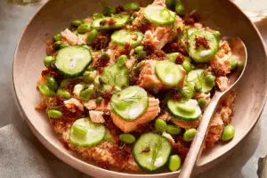 Crispy Rice Salmon Cucumber Salad with Creamy Asian Dressing close up