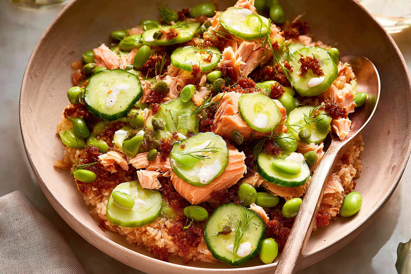 Crispy Rice Salmon Cucumber Salad with Creamy Asian Dressing close up