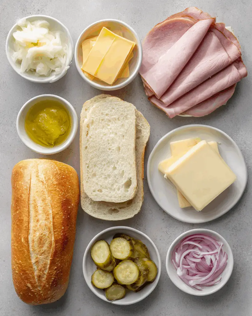 Cuban Sandwich recipe ingredients displayed on board