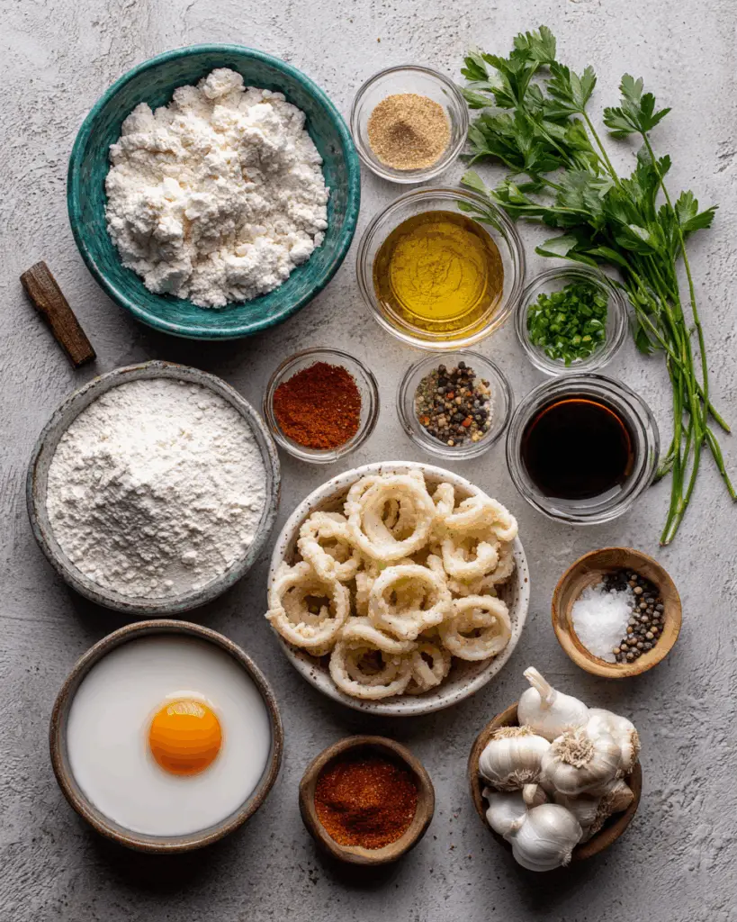 Calamari rings being coated in seasoned flour