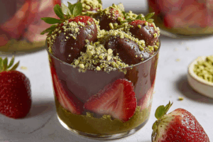 Dubai Chocolate Strawberries Recipe in luxury dessert cup with pistachio toppings