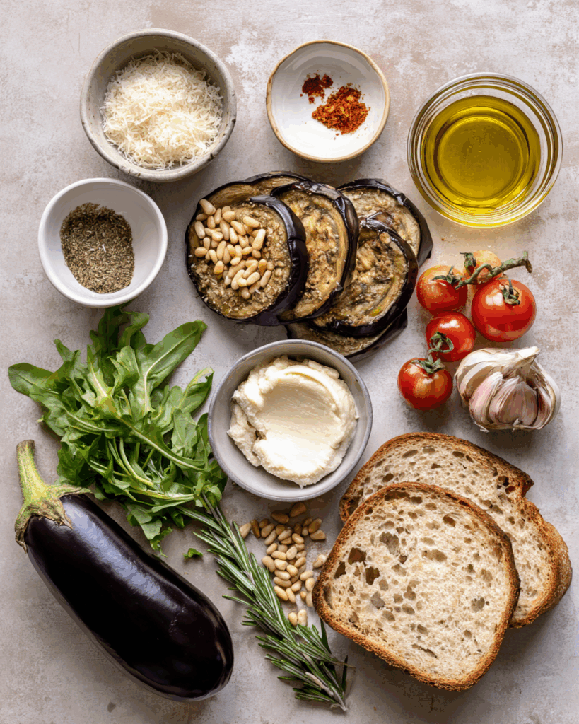 Ingredients for eggplant pesto sandwich recipe