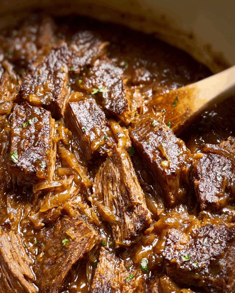 French Onion Pot Roast with baguette and Gruyère cheese topping