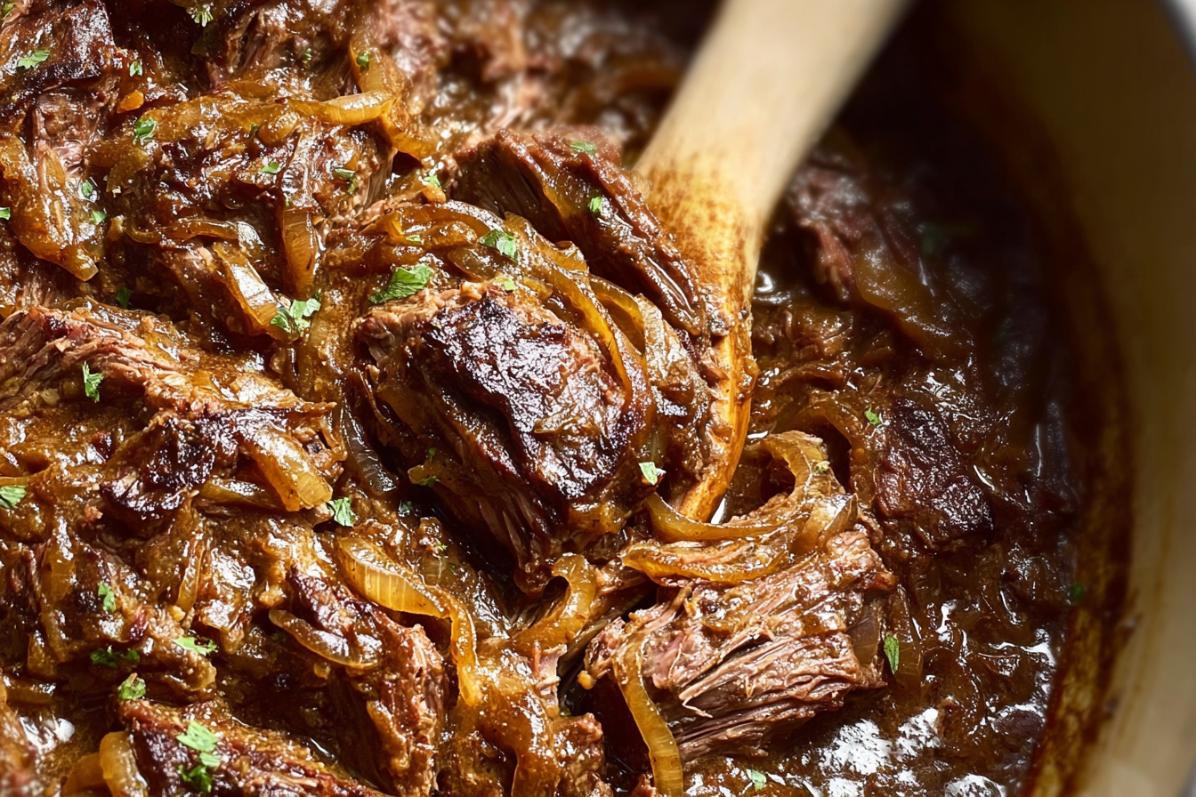 French Onion Pot Roast with caramelized onions and Gruyère cheese in a Dutch oven