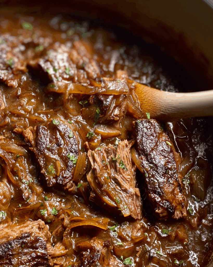 French Onion Pot Roast served with Gruyère potatoes and green beans