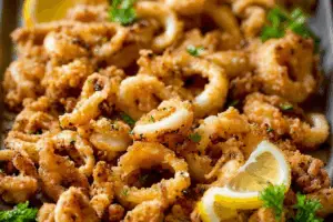 Crispy fried calamari recipe served with lemon wedges