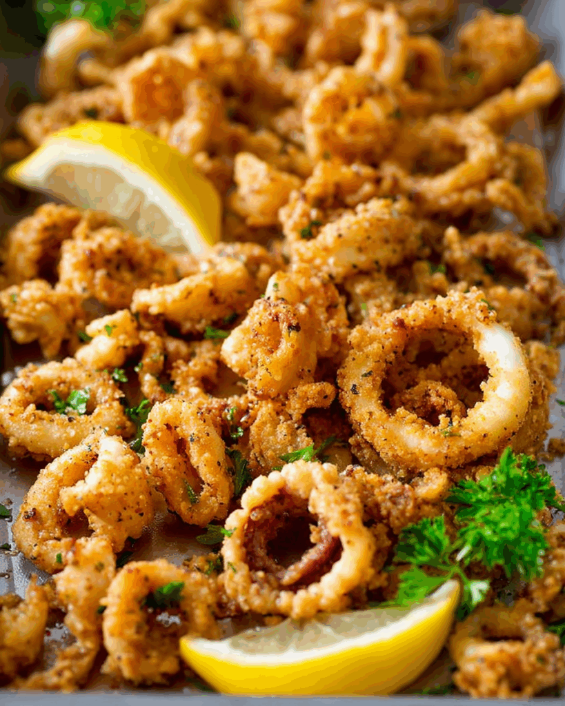 Calamari frying in hot oil in a deep pot