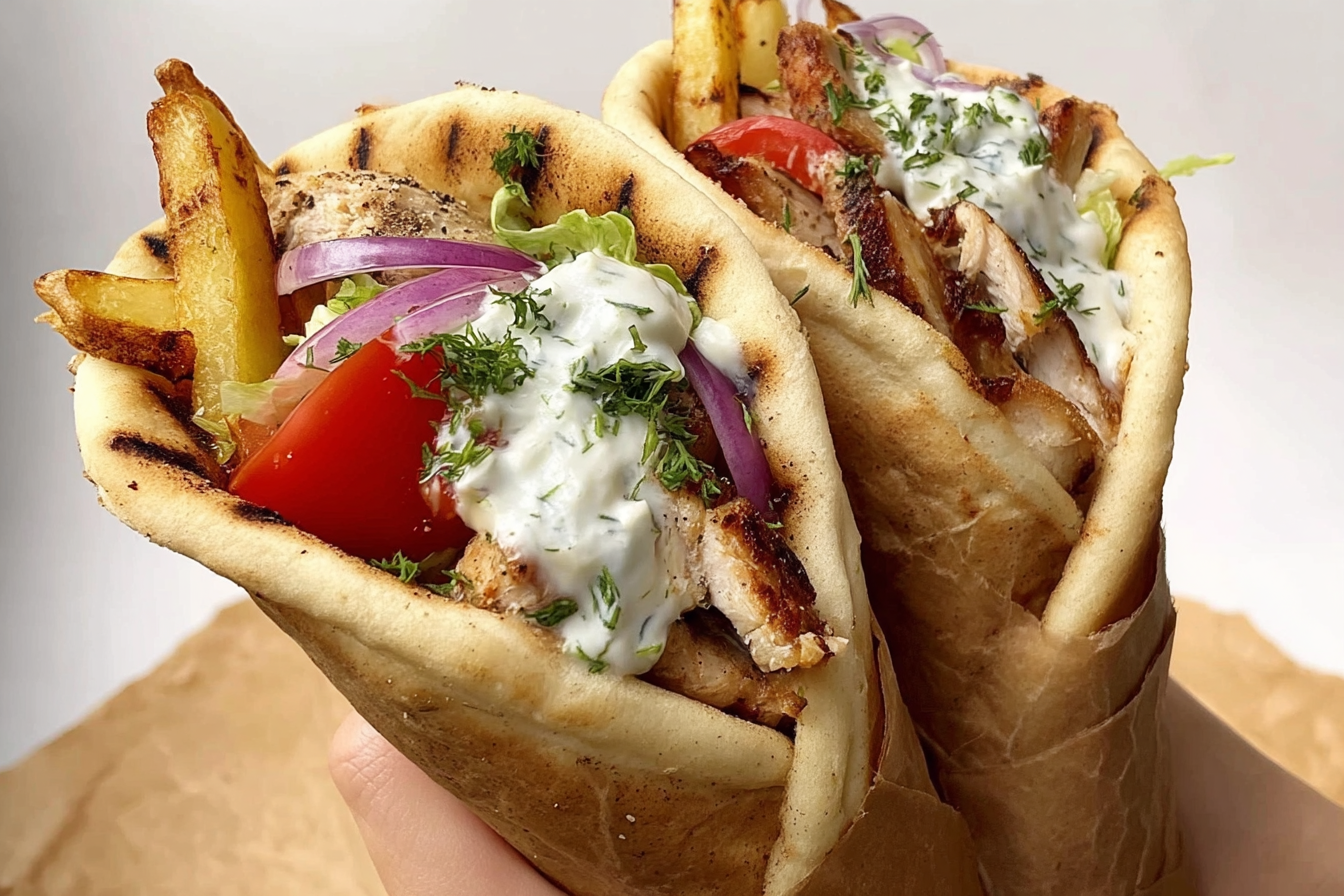 Greek Chicken Gyros freshly made with marinated chicken and tzatziki