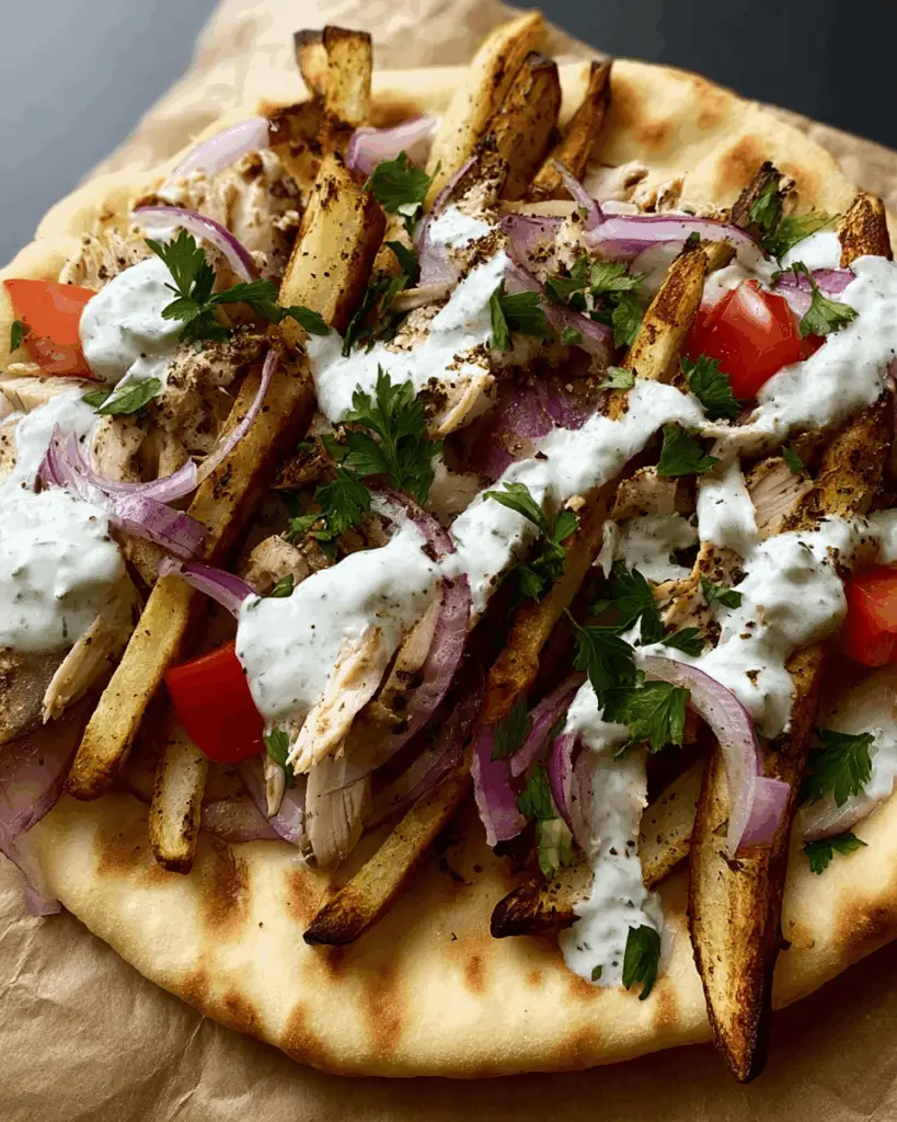 Greek Chicken Gyros platter with fresh toppings and fries