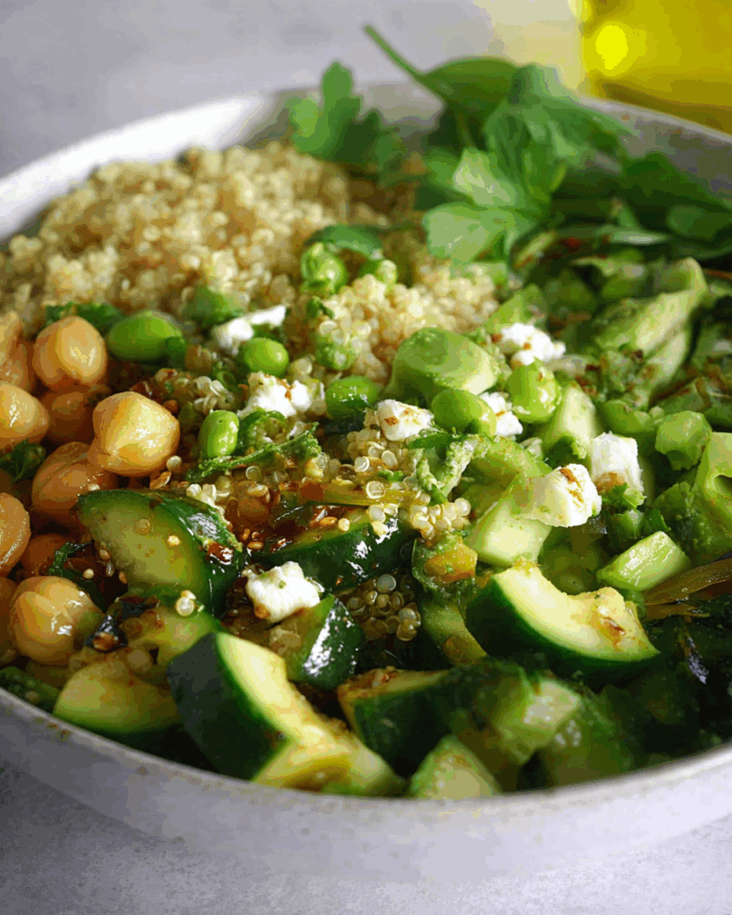 Assembled Green Goddess Quinoa Salad ready to serve