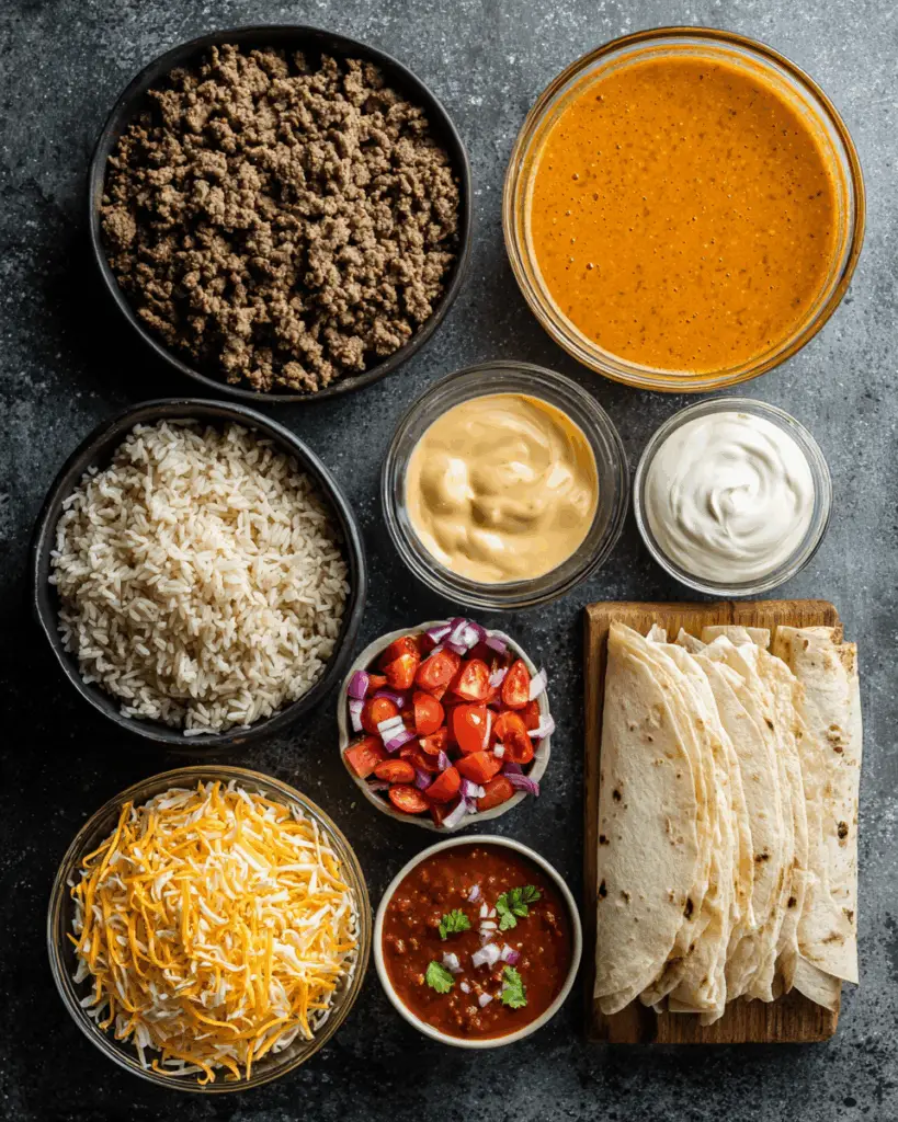 Grilled cheese burrito recipe ingredients arranged on kitchen counter