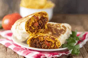 Grilled cheese burrito recipe with melted Colby Jack cheese, beef, and rice