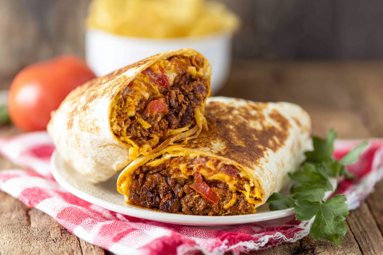 Grilled cheese burrito recipe with melted Colby Jack cheese, beef, and rice