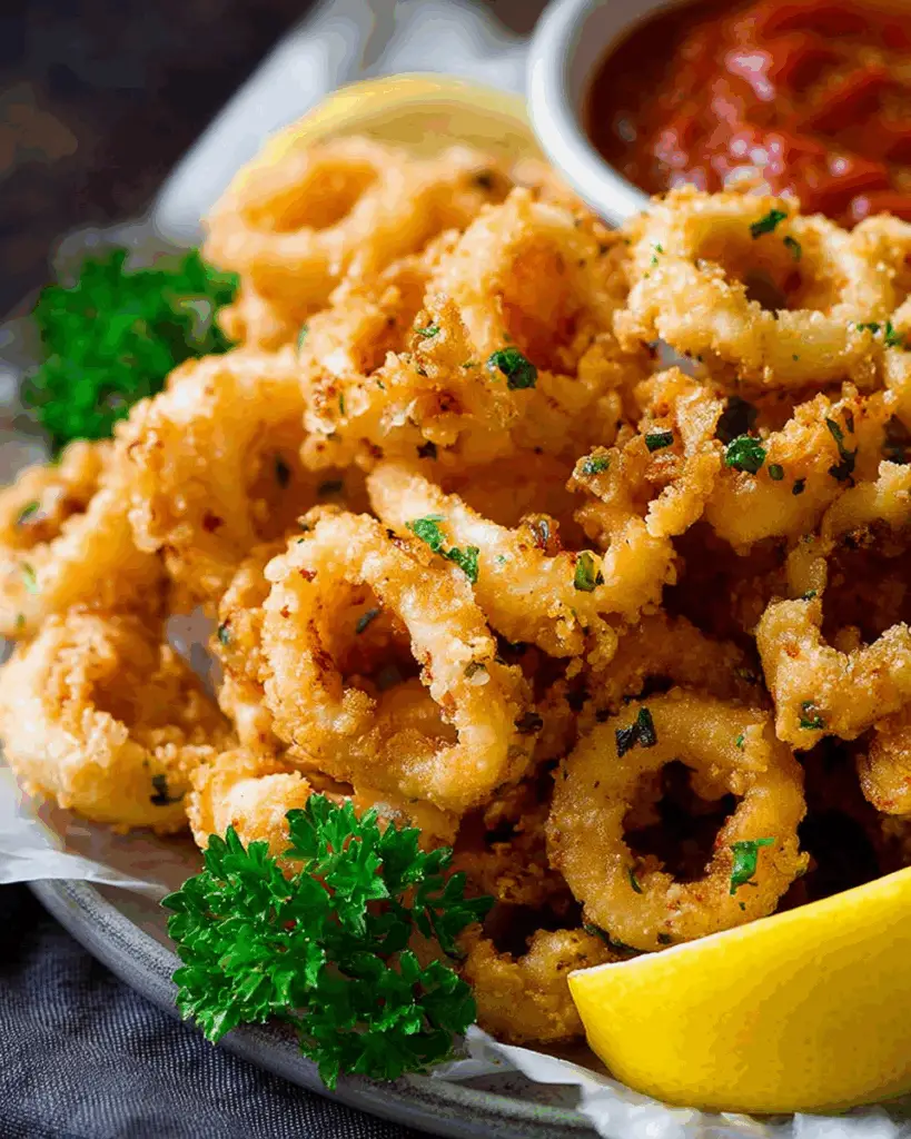 Grilled calamari with parsley on a charcoal grill