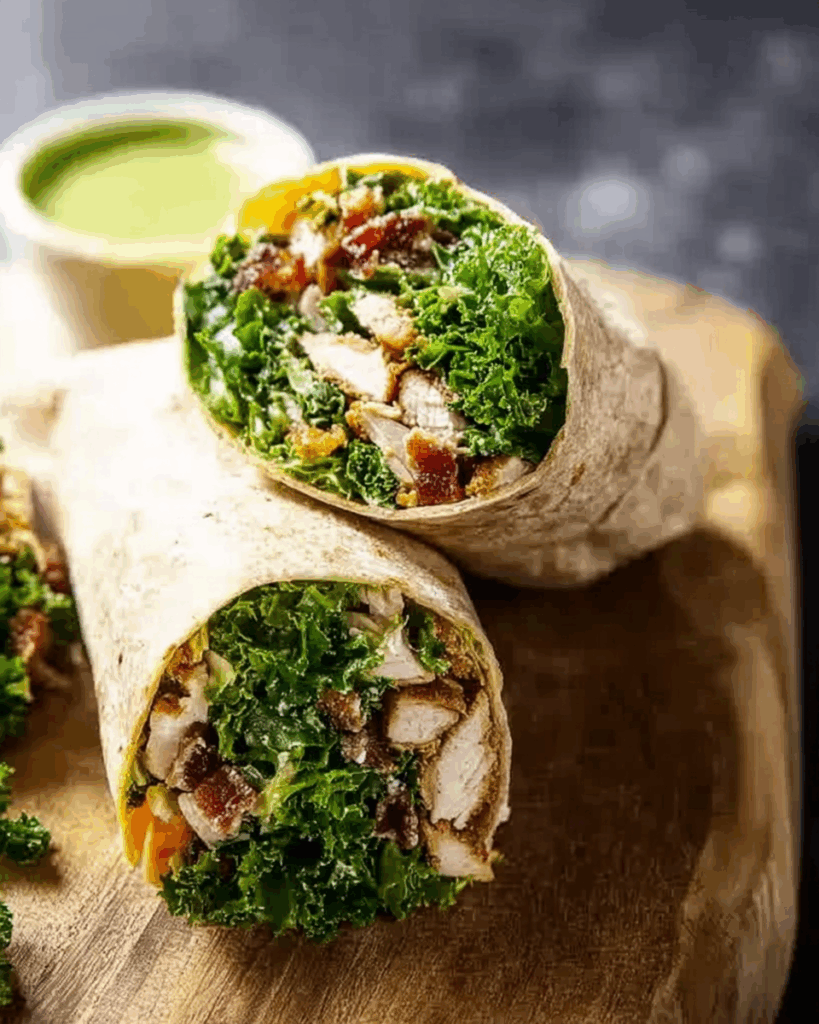 Hand holding Roasted Chickpea & Kale Wrap showing healthy filling