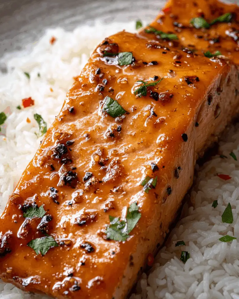 Hot Honey Glazed Salmon recipe served with rice and herbs