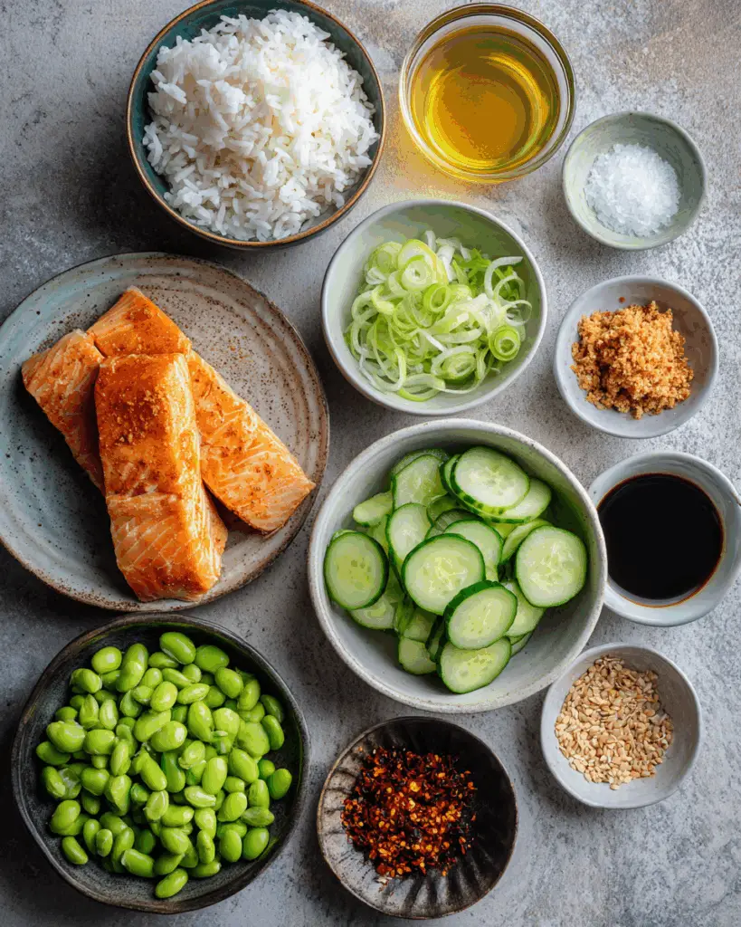 Ingredients for crispy rice salmon cucumber salad with creamy Asian dressing