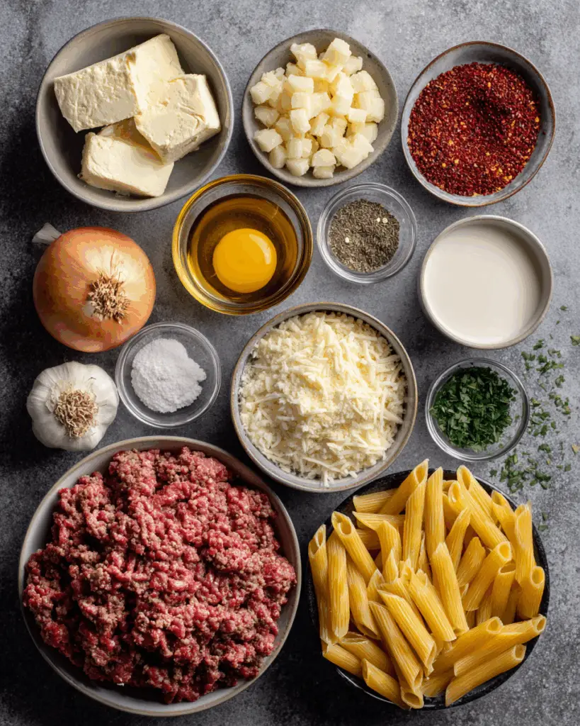 Ingredients for One Pot Quick and Easy Creamy Ground Beef Pasta recipe