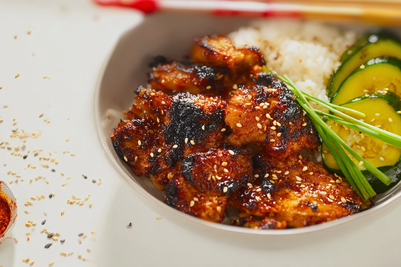 Korean BBQ Chicken sizzling on charcoal grill with smoky glaze