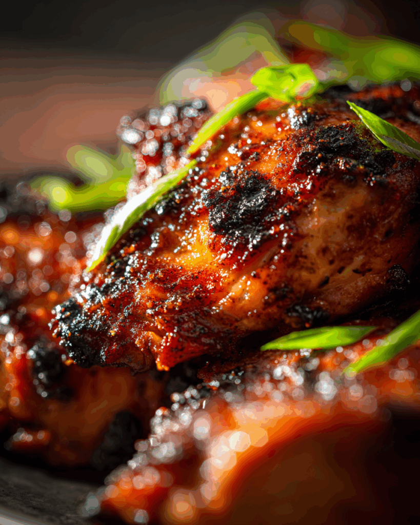 Plated Korean BBQ Chicken with rice and cucumber salad