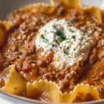 Lasagna Soup Recipe with melted mozzarella and basil