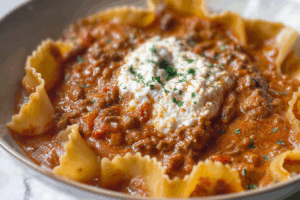 Lasagna Soup Recipe with melted mozzarella and basil