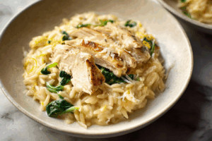 Creamy lemon chicken orzo with spinach