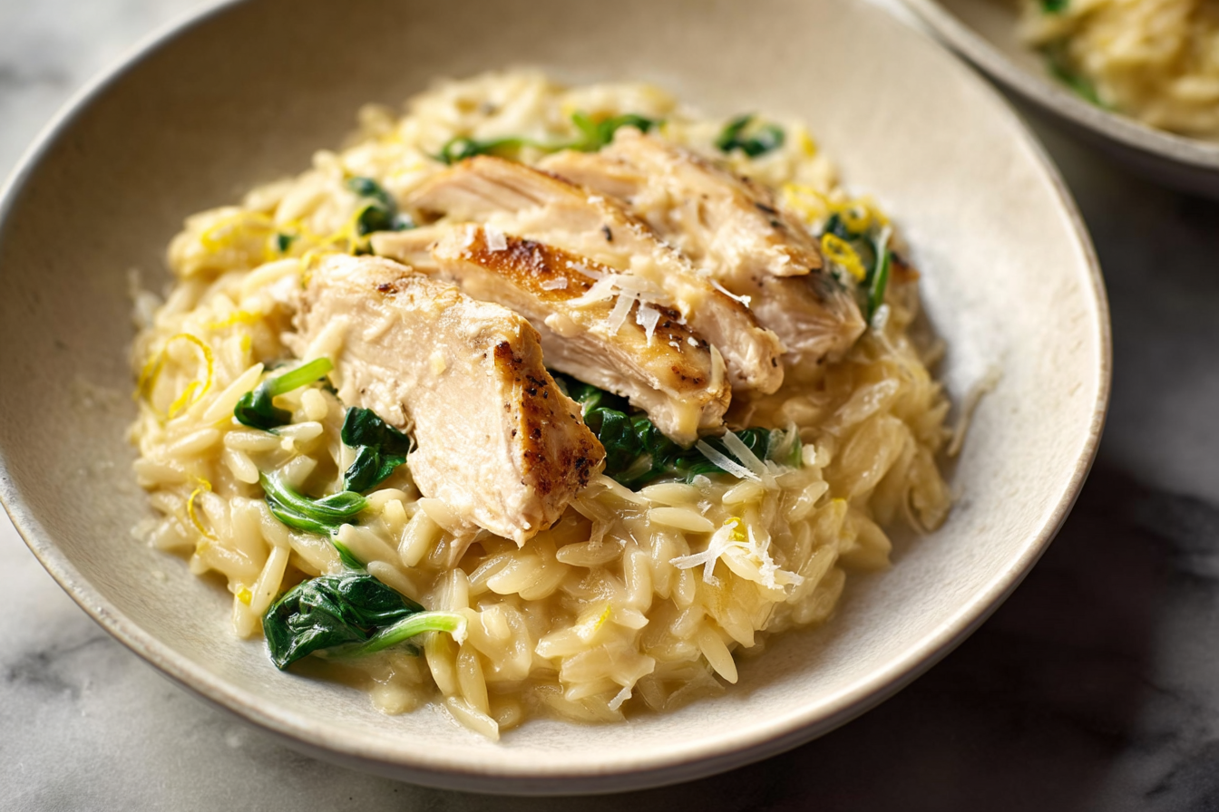 Creamy lemon chicken orzo with spinach