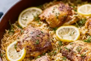 Lemony Chicken Thighs and Rice recipe with fresh parsley