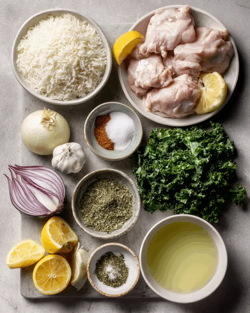 Essential ingredients for making Lemony Chicken Thighs and Rice
