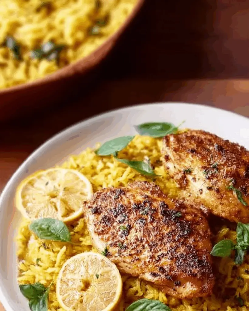 Silky lemon sauce poured over chicken and rice
