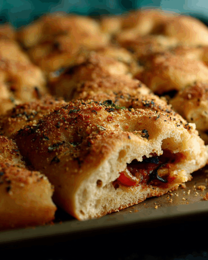 Layering sausage and vegetables inside focaccia dough