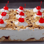 no bake banana split cake slice creamy layers