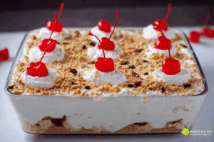 no bake banana split cake slice creamy layers