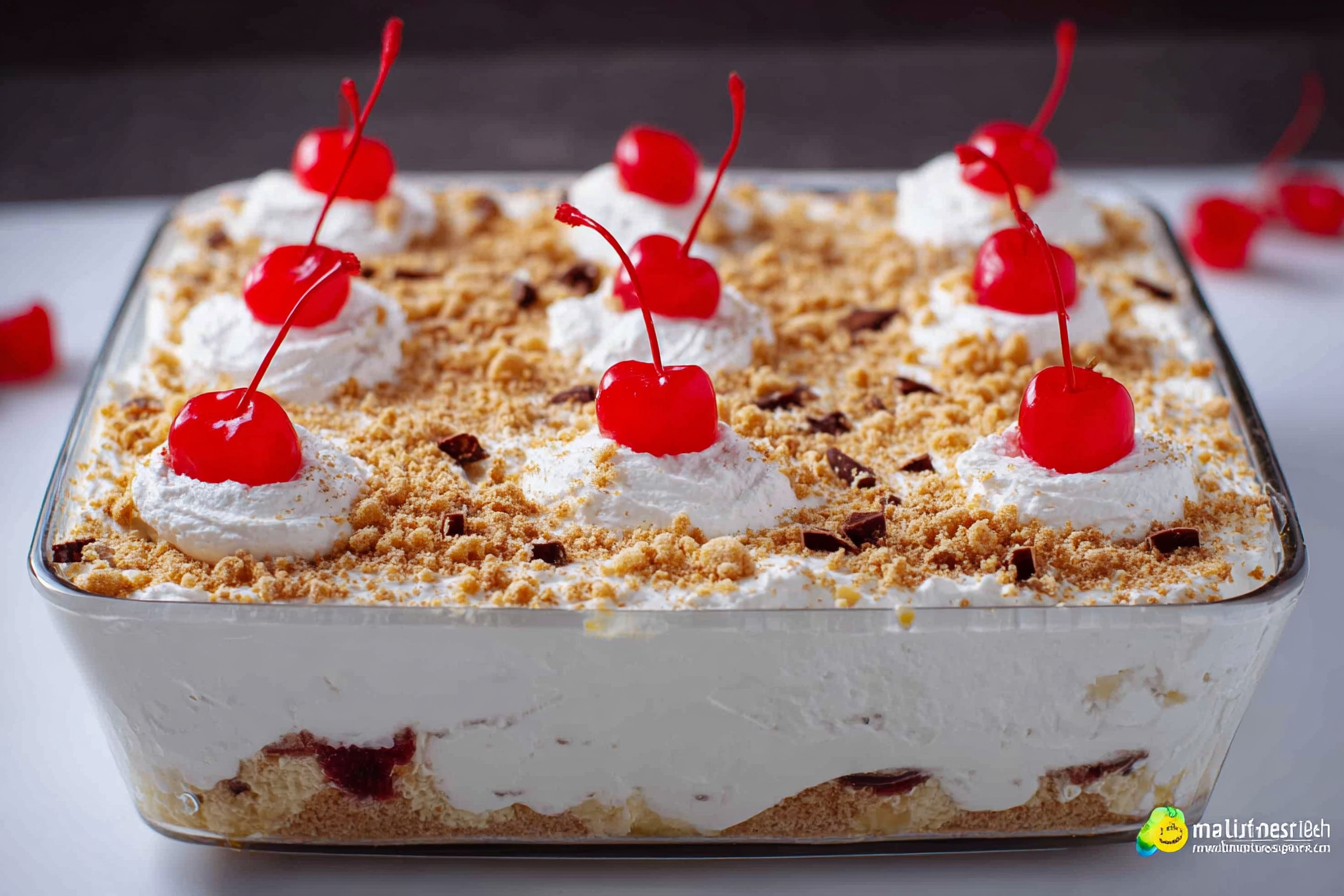 no bake banana split cake slice creamy layers