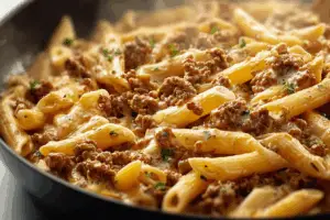 One Pot Quick and Easy Creamy Ground Beef Pasta in a bowl