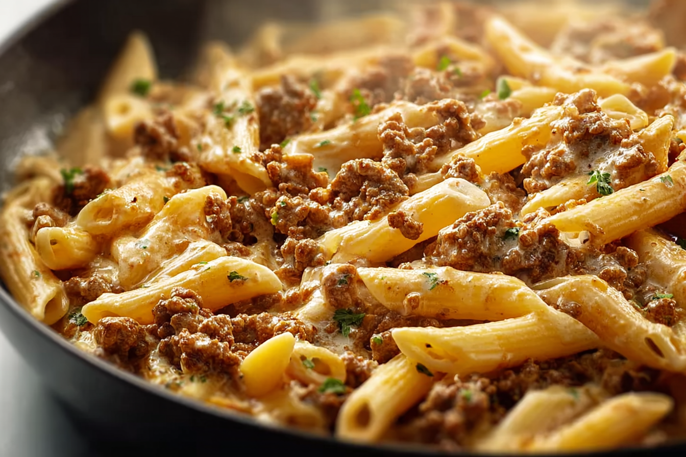 One Pot Quick and Easy Creamy Ground Beef Pasta in a bowl