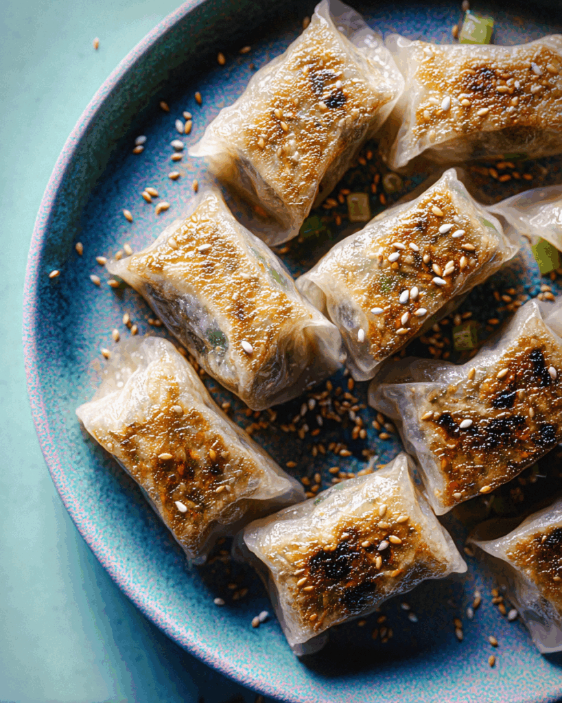 Pan-frying rice paper dumplings until crispy golden brown