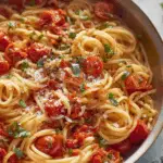 pasta with cherry tomatoes recipe on rustic table
