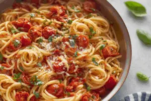 pasta with cherry tomatoes recipe on rustic table