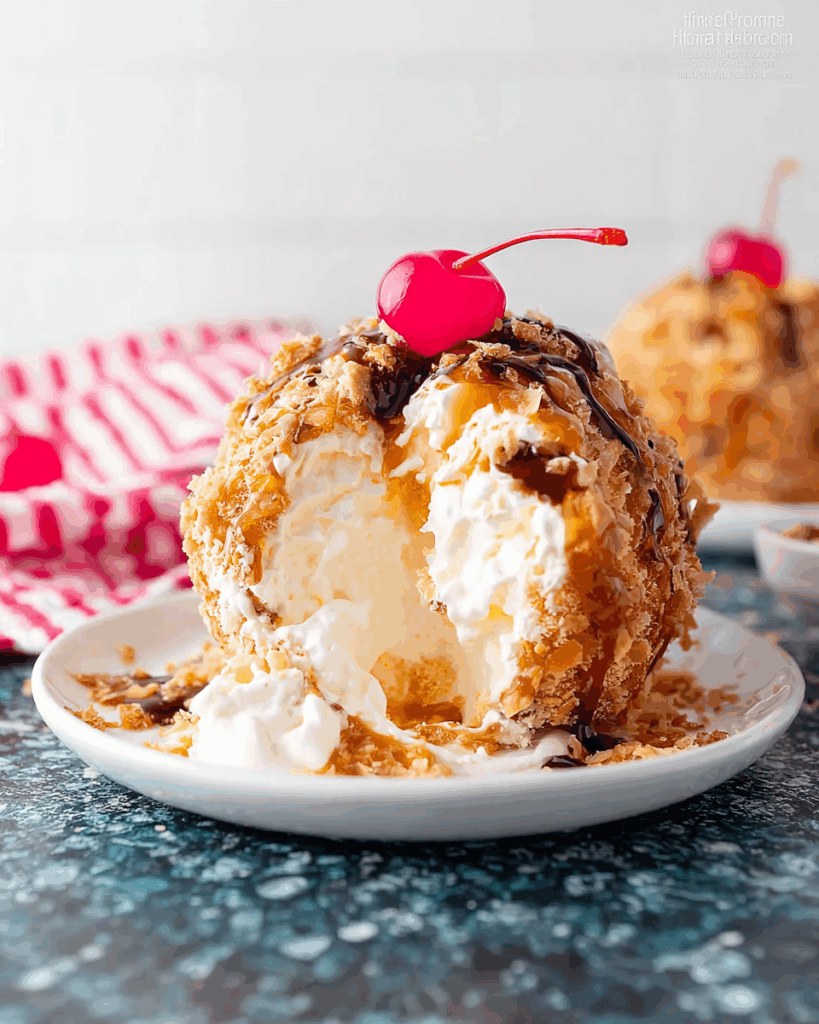 beautifully plated fried ice cream recipe with chocolate and caramel
