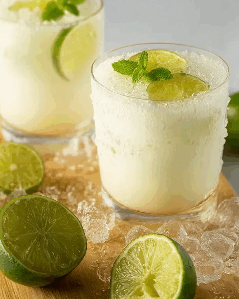 Pouring Brazilian Lemonade into glass frothy texture