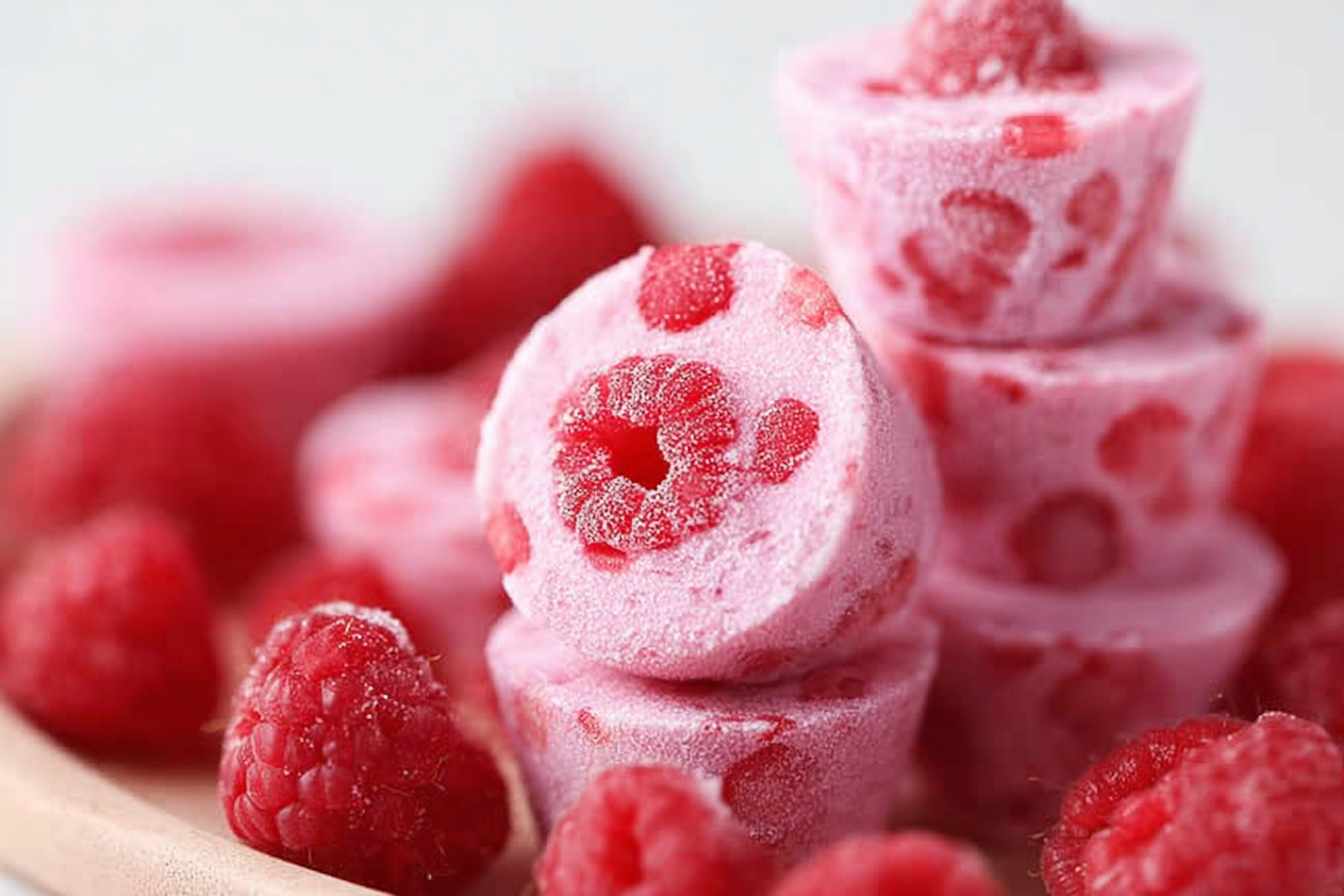 Raspberry Frozen Yogurt Bites with fresh raspberries on a plate
